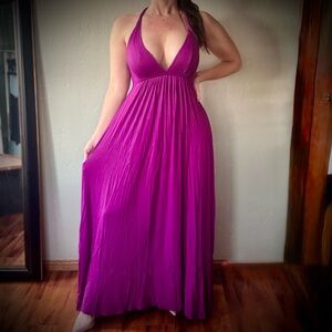 Lush Fuchsia Deep Vee Halter Racerback Maxi Dress